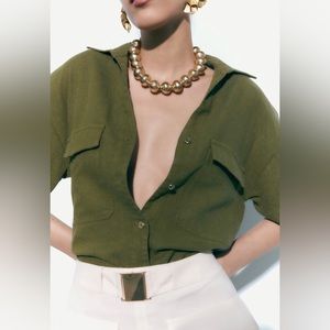 ZARA LINEN BLEND SHORT SLEEVE SHIRT